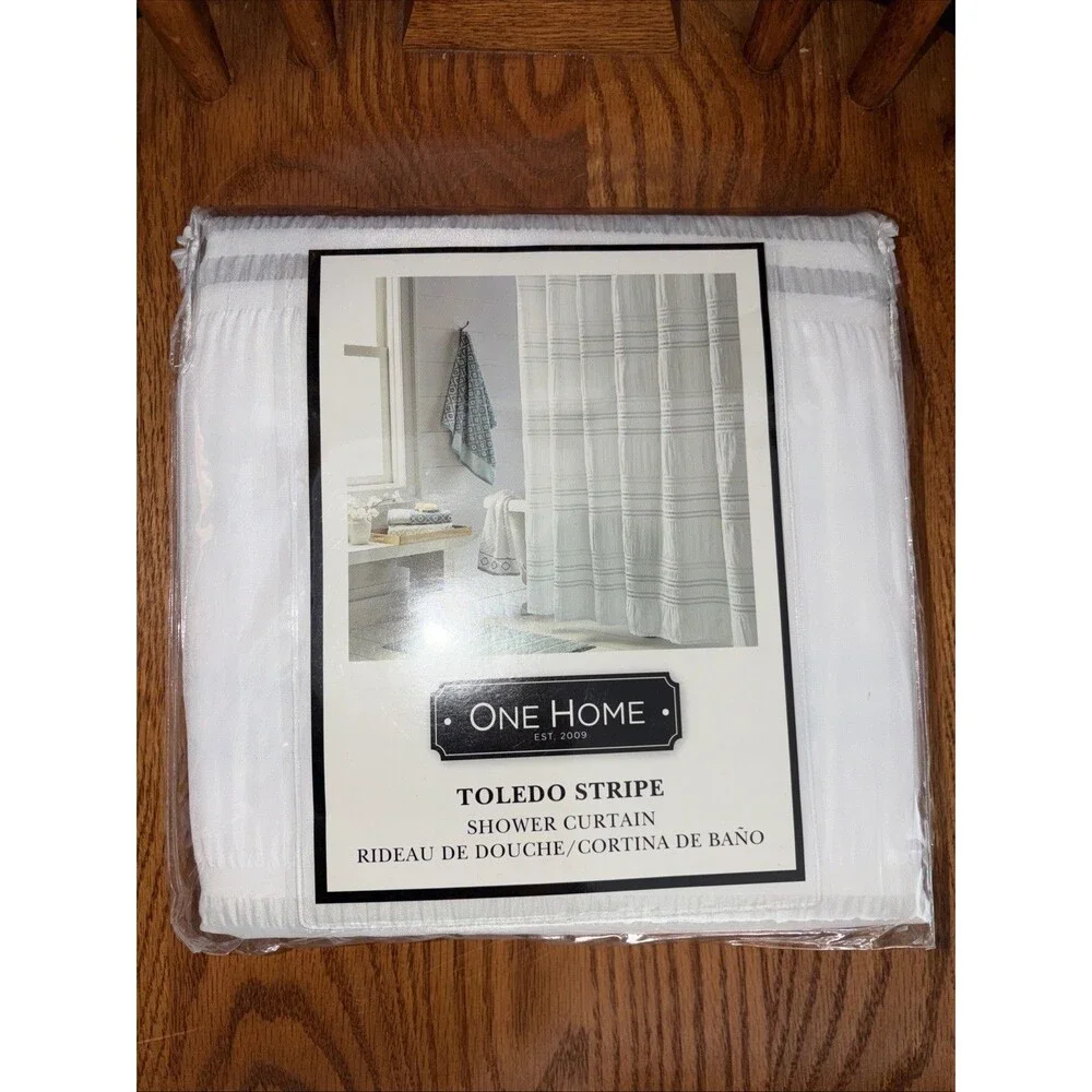One Home Toledo Stripe Bathroom Shower Curtain 70”x72” White Gray Teal New